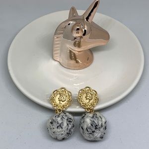 Gold filigree medallion Pom Pom drop earrings